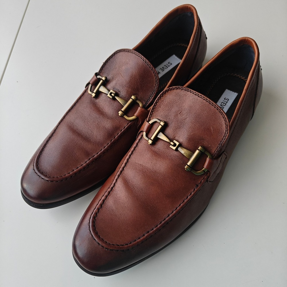 Steve Madden Mens Debinair Cognac Leather Bit Loafers Brown Dress Shoes 8.5